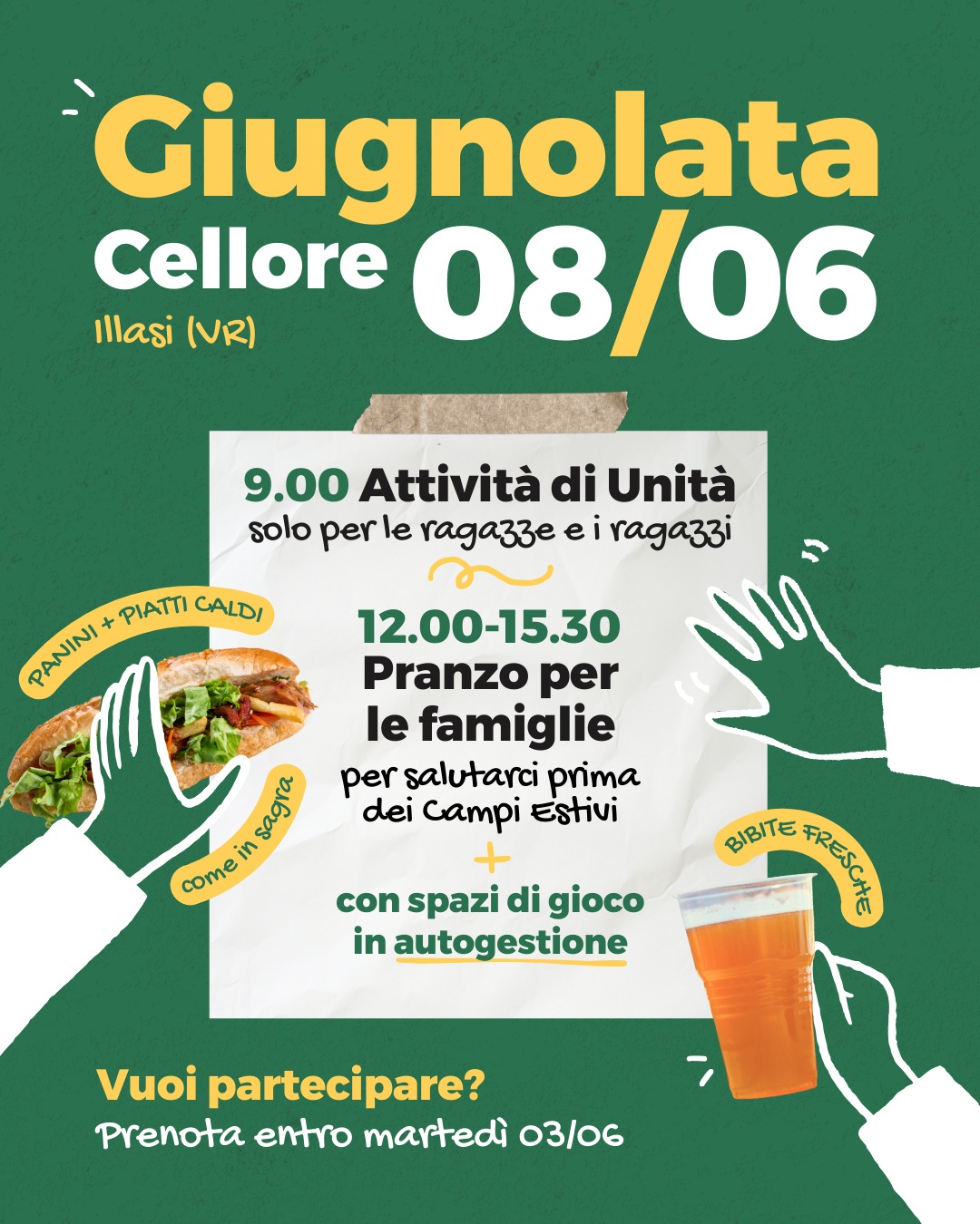 🏕️ Si avvicina il momento di salutarci prima dei nostri Campi estivi…
Perché non farlo tutti insieme, condividendo un pranzo con le nostre famiglie e i nostri amici? 🍃

🗓️ Ti aspettiamo domenica 8 giugno al tendone di fianco alla piazza di Cellore (Illasi - VR) per concludere insieme le nostre attività.

🙌 Lupetti, Esploratori e Rover passeranno la mattinata con le proprie Unità, dalle 9.00 alle 12.00.

🥙 A mezzogiorno potranno riunirsi alle loro famiglie e amici per passare insieme il pranzo, preparato dal nostro Clan Senior.

👉 Nel pomeriggio non sono previste attività, ma ci saranno degli spazi di gioco di cui le famiglie potranno usufruire in autonomia.

✍️ Per partecipare al pranzo, puoi prenotare entro martedì 3 giugno, seguendo il link in bio.

#scout #scoutlaici #scoutcngei #illasi #sanmartinobuonalbergo