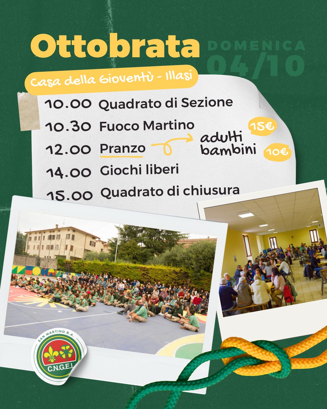 🗓️ Domenica 4 ottobre hai impegni? Certo, non puoi mancare all’apertura del nostro anno scout.

Tutta la Sezione di San Martino Buon Albergo ti aspetta alla Casa della Gioventù di Illasi dalle 10.00.

🔥 Come? Con un fuoco animato dalle nostre ragazze e ragazzi.

Alle 12.00 potremo pranzare insieme, gustando i piatti semplici e gustosi preparati dagli adulti del nostro Clan Teepee.

🍃 La giornata si concluderà con giochi per tutte le famiglie, grandi e piccini.

Per prenotare, segui il link e compila il form entro il 30 settembre: forms.gle/6Xkf7MKRcVvRYu9w9